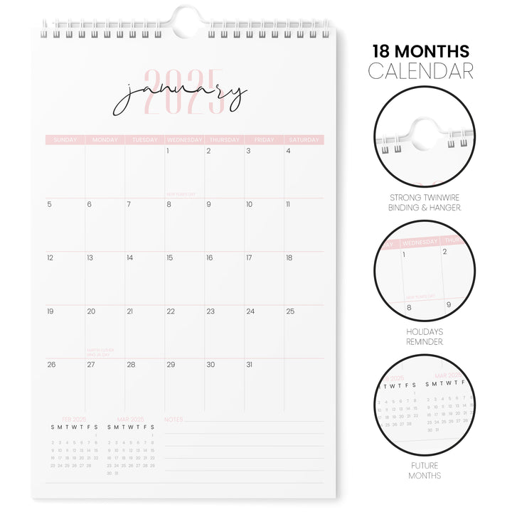 Two Fonts Pink Calendar 2025 | 18 Months | 11x17