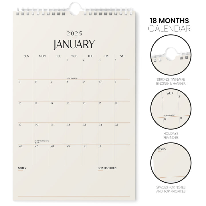 Beige Calendar 2025 | 18 Months | 11x17