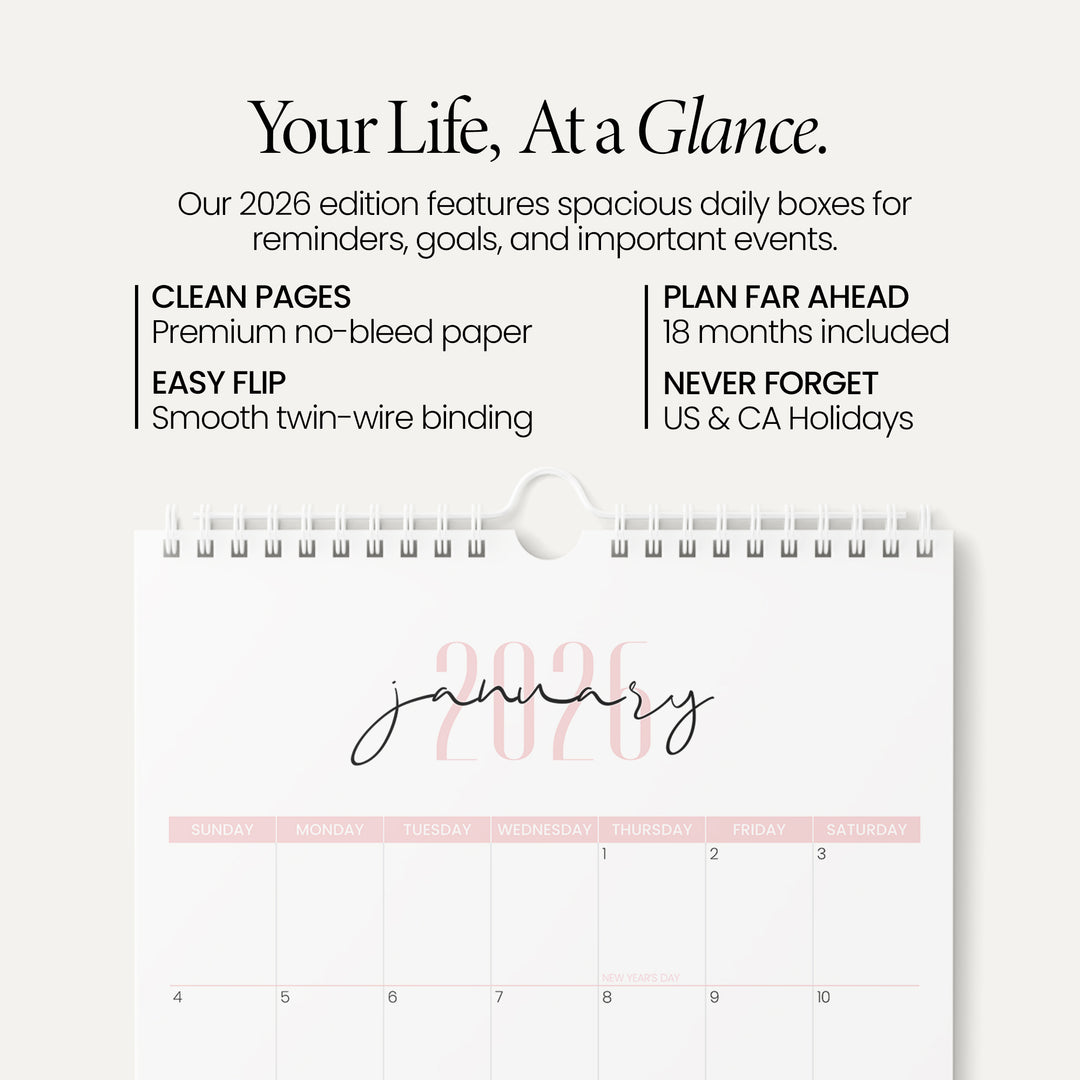 Two Fonts Pink Calendar 2026 | 18 Months | 11x17