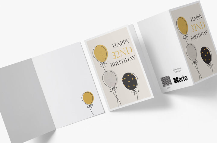 Gold, Silver, And Black Balloons | 32nd Birthday Card - Kartoprint